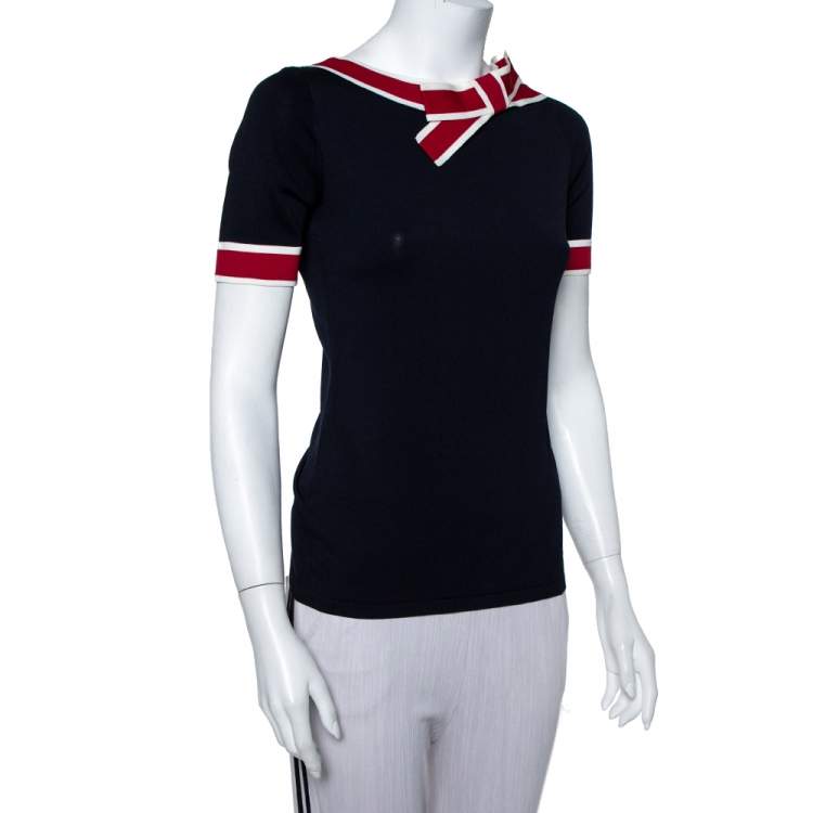 Pre Owned CH Carolina Herrera Navy Blue Knit Contrast Trim & Bow Detail Top S