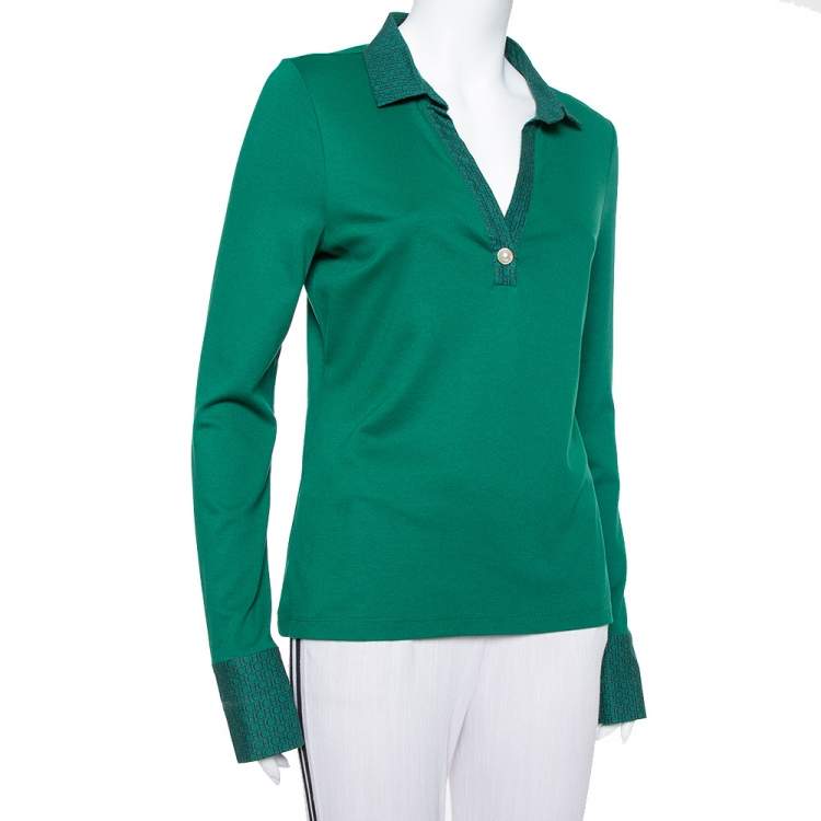مملوكة مسبقًا CH Carolina Herrera Green Knit Logo Trim Detail Plunge Neck T Shirt M