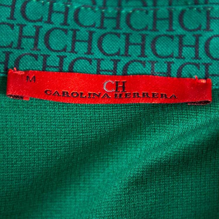 مملوكة مسبقًا CH Carolina Herrera Green Knit Logo Trim Detail Plunge Neck T Shirt M