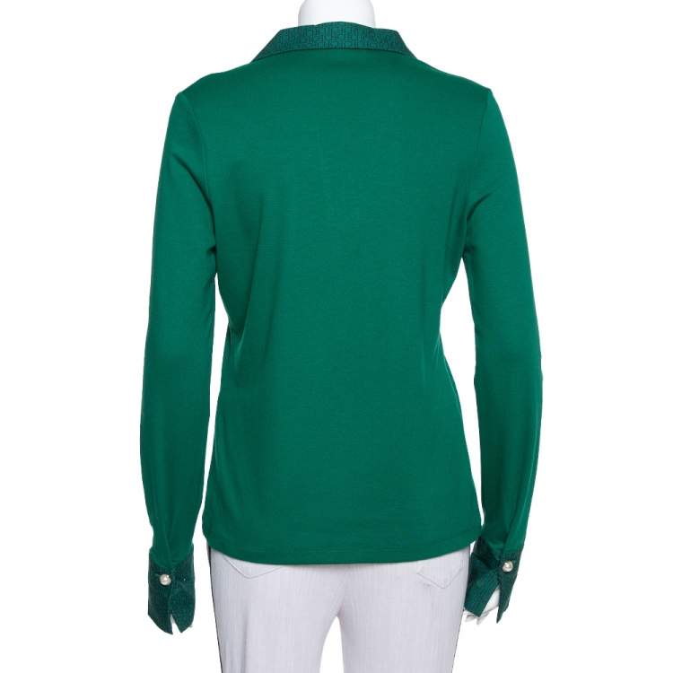 مملوكة مسبقًا CH Carolina Herrera Green Knit Logo Trim Detail Plunge Neck T Shirt M