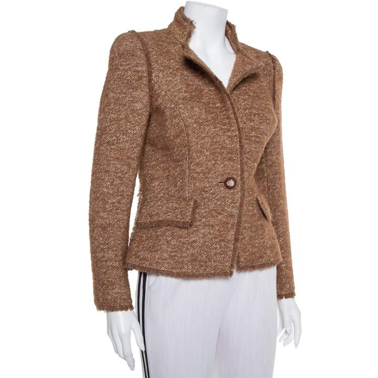 Pre Owned CH Carolina Herrera Brown Wool Stand Collar Button Front Jacket M