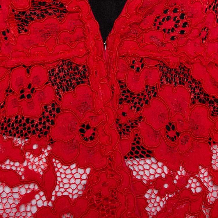 Pre Owned CH Carolina Herrera Red Floral Lace Jacket S