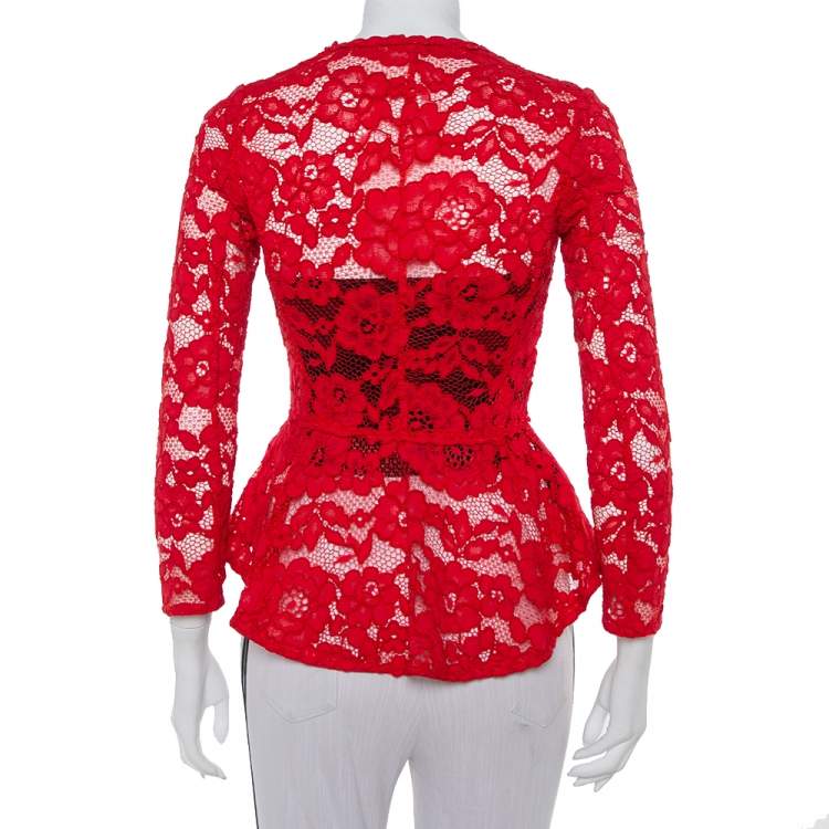 Pre Owned CH Carolina Herrera Red Floral Lace Jacket S