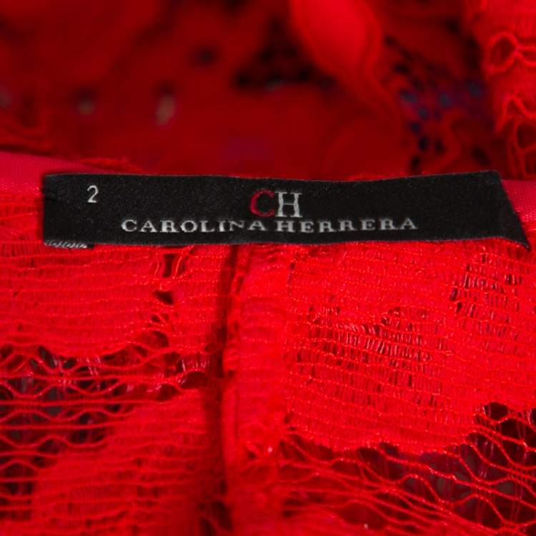 Pre Owned CH Carolina Herrera Red Floral Lace Jacket S