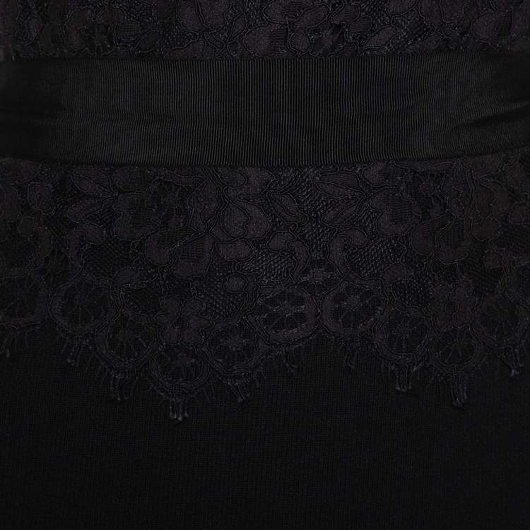 Pre Owned CH Carolina Herrera Black Knit Floral Lace Overlay Long Sleeve Belted Dress S