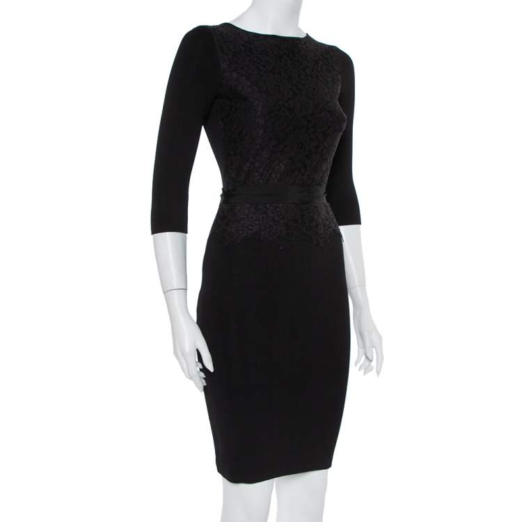 Pre Owned CH Carolina Herrera Black Knit Floral Lace Overlay Long Sleeve Belted Dress S