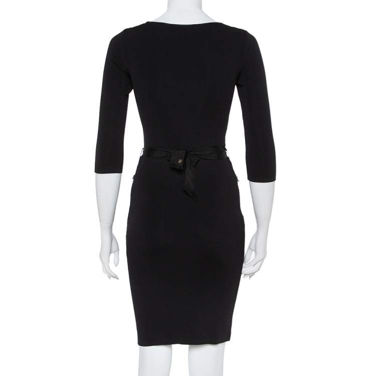 Pre Owned CH Carolina Herrera Black Knit Floral Lace Overlay Long Sleeve Belted Dress S