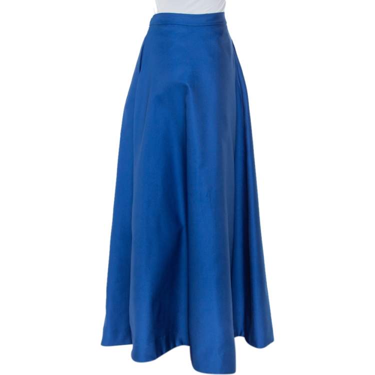 Pre Owned CH Carolina Herrera Royal Blue Taffeta Pleated Front Detail Asymmetric Hem Maxi Skirt S