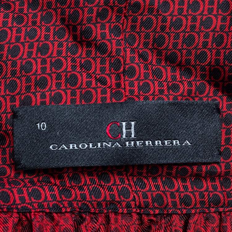 Pre Owned CH Carolina Herrera Burgundy Logo Printed Silk Neck Tie Detail Button Front Shirt Dress L
