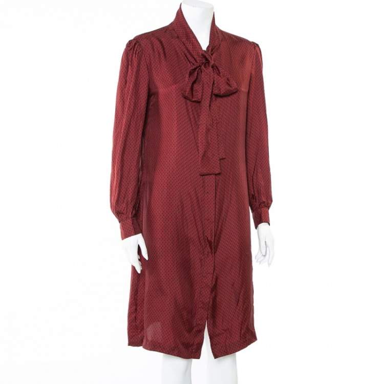 Pre Owned CH Carolina Herrera Burgundy Logo Printed Silk Neck Tie Detail Button Front Shirt Dress L