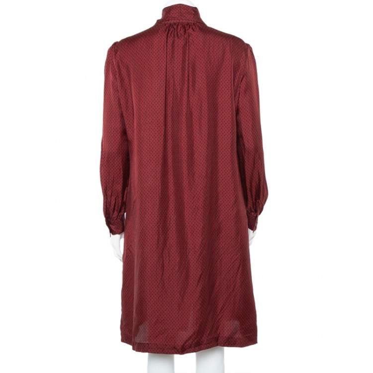 Pre Owned CH Carolina Herrera Burgundy Logo Printed Silk Neck Tie Detail Button Front Shirt Dress L