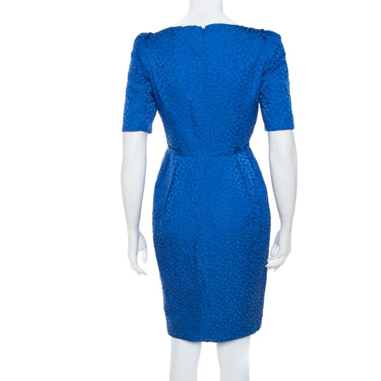 Pre Owned CH Carolina Herrera Blue Textured Cotton Sheath Dress S