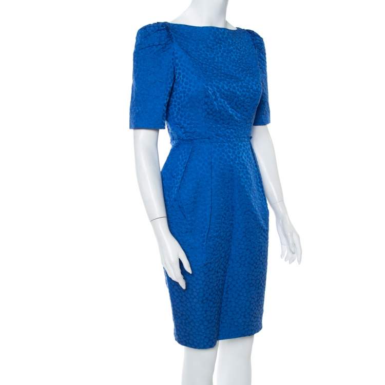 Pre Owned CH Carolina Herrera Blue Textured Cotton Sheath Dress S