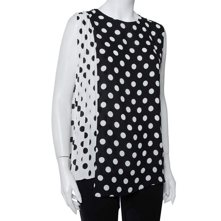 Pre Owned CH Carolina Herrera Monochrome Polka Dot Printed Chiffon Pleated Sleeveless Top L