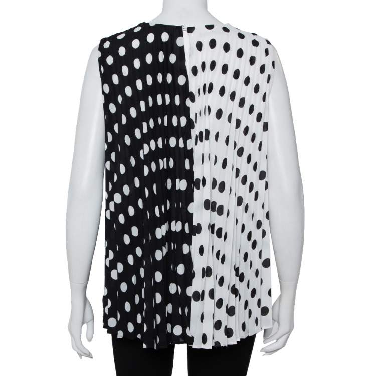 Pre Owned CH Carolina Herrera Monochrome Polka Dot Printed Chiffon Pleated Sleeveless Top L