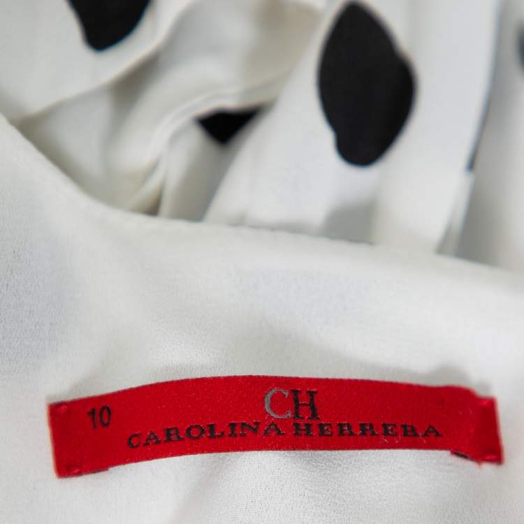 Pre Owned CH Carolina Herrera Monochrome Polka Dot Printed Chiffon Pleated Sleeveless Top L