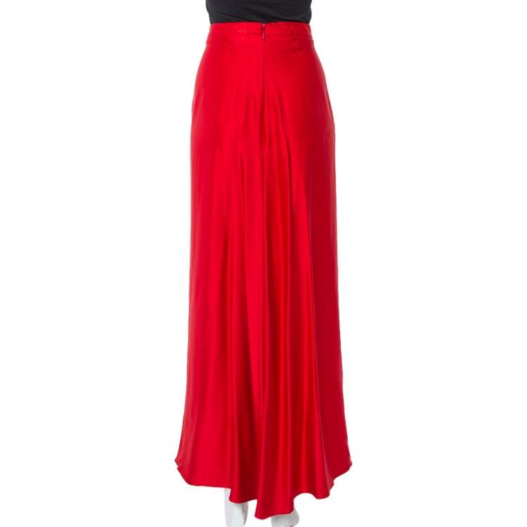 Pre Owned CH Carolina Herrera Red Silk Satin Paneled Maxi Skirt M