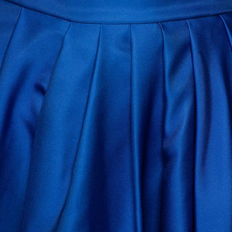 Pre Owned CH Carolina Herrera Royal Blue Taffeta Pleated Front Detail Asymmetric Hem Maxi Skirt S