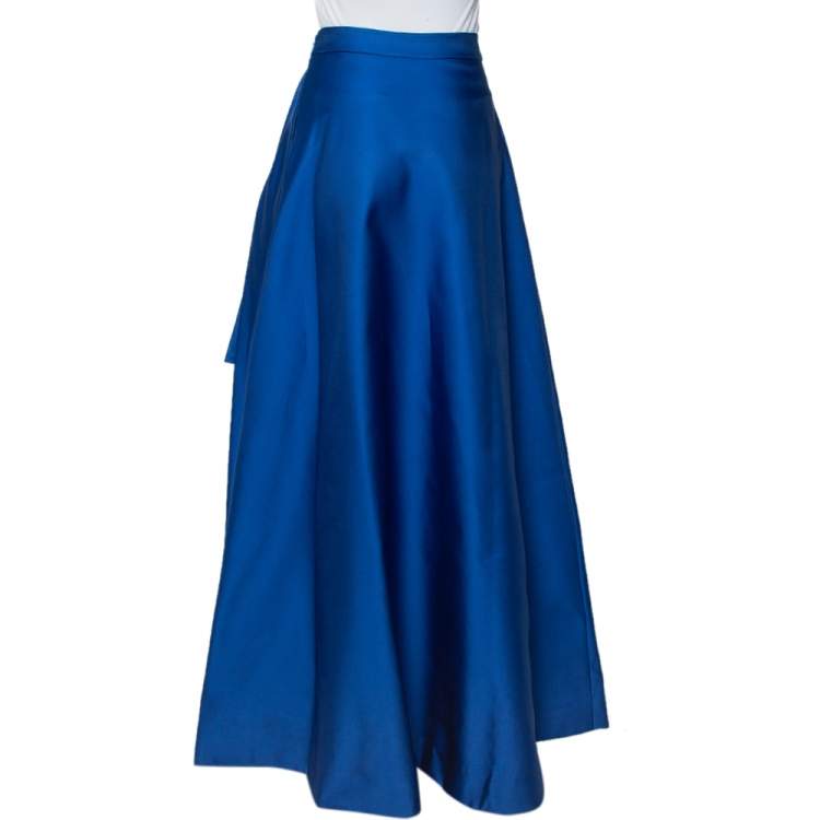 Pre Owned CH Carolina Herrera Royal Blue Taffeta Pleated Front Detail Asymmetric Hem Maxi Skirt S