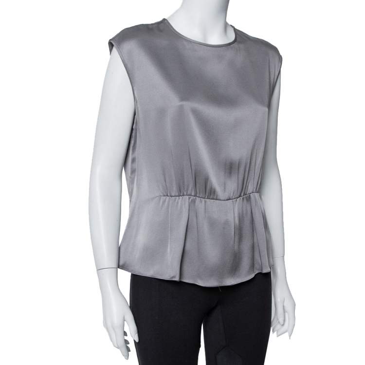 Pre Owned CH Carolina Herrera Grey Silk Satin Ruched Sleeveless Top L