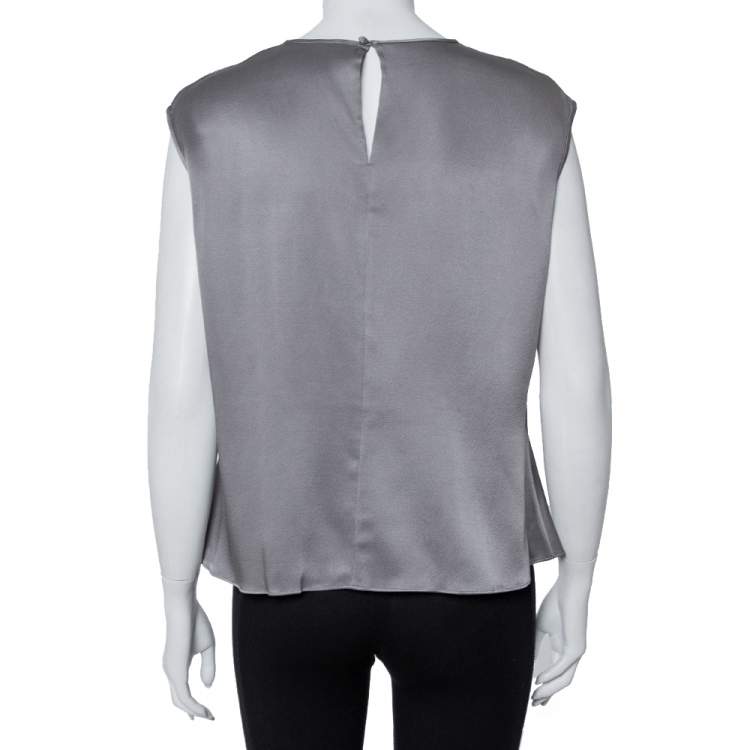 Pre Owned CH Carolina Herrera Grey Silk Satin Ruched Sleeveless Top L
