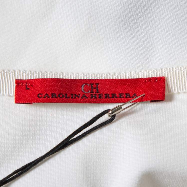 Pre Owned CH Carolina Herrera White Knit Contrast Trim Detail Belted Midi Dress L