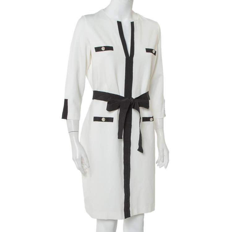 Pre Owned CH Carolina Herrera White Knit Contrast Trim Detail Belted Midi Dress L