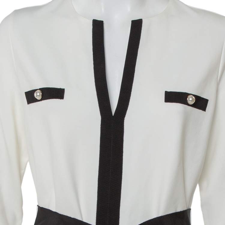 Pre Owned CH Carolina Herrera White Knit Contrast Trim Detail Belted Midi Dress L