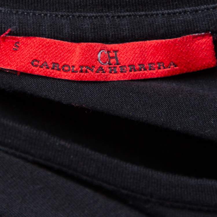 Pre Owned CH Carolina Herrera Black Cotton Logo Embellished Quarter Sleeve T-Shirt S
