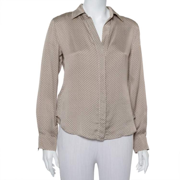 Pre Owned CH Carolina Herrera Beige Logo Printed Silk Button Front Shirt M