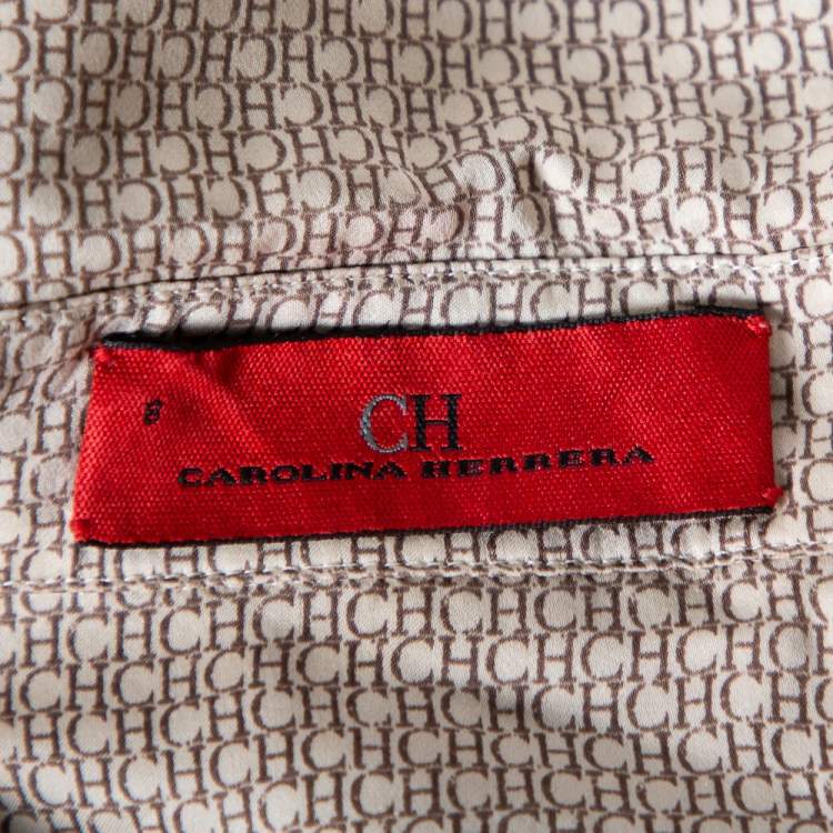 Pre Owned CH Carolina Herrera Beige Logo Printed Silk Button Front Shirt M