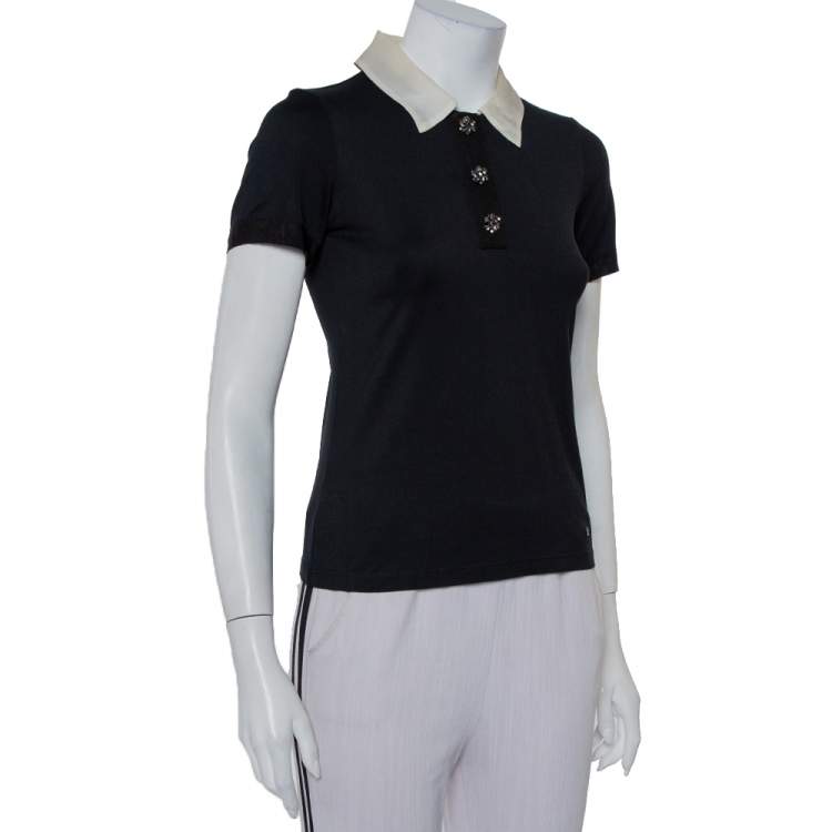 مملوكة مسبقًا CH Carolina Herrera Black Knit Contrast Trim Detail Polo T-Shirt XS