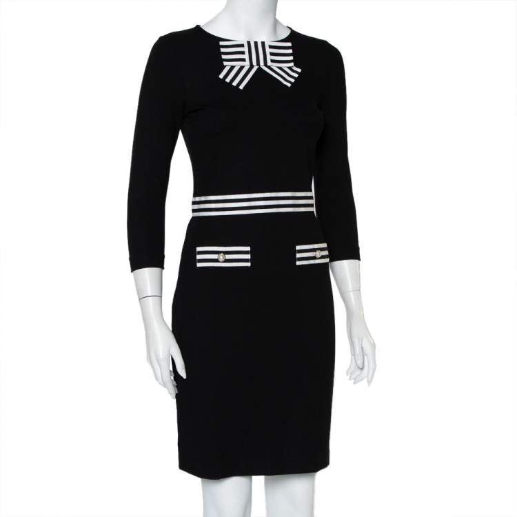 Pre Owned CH Carolina Herrera Black Knit Striped Trim & Bow Detail Mini Dress XS