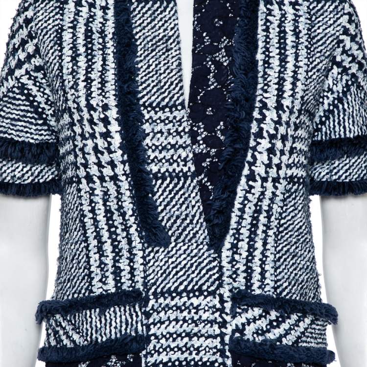 Pre Owned CH Carolina Herrera Indigo Painted Tweed Lace Detail Shift Dress S