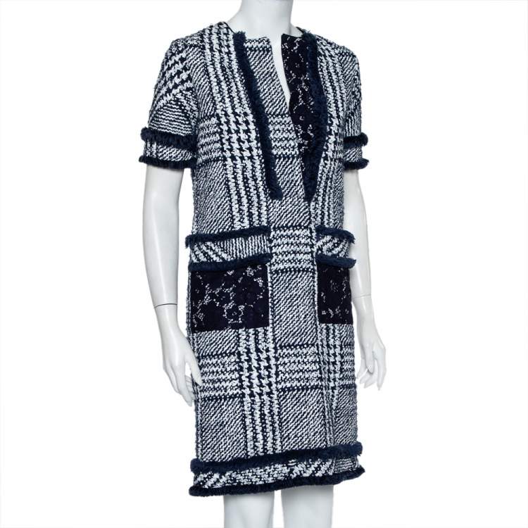 Pre Owned CH Carolina Herrera Indigo Painted Tweed Lace Detail Shift Dress S