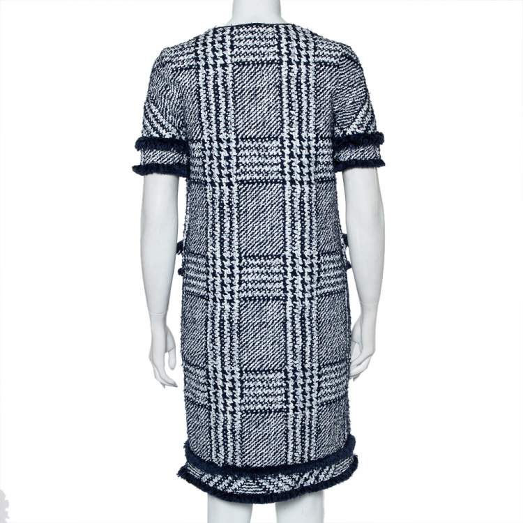 Pre Owned CH Carolina Herrera Indigo Painted Tweed Lace Detail Shift Dress S