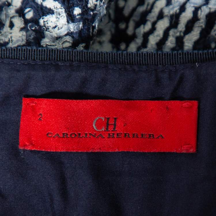 Pre Owned CH Carolina Herrera Indigo Painted Tweed Lace Detail Shift Dress S
