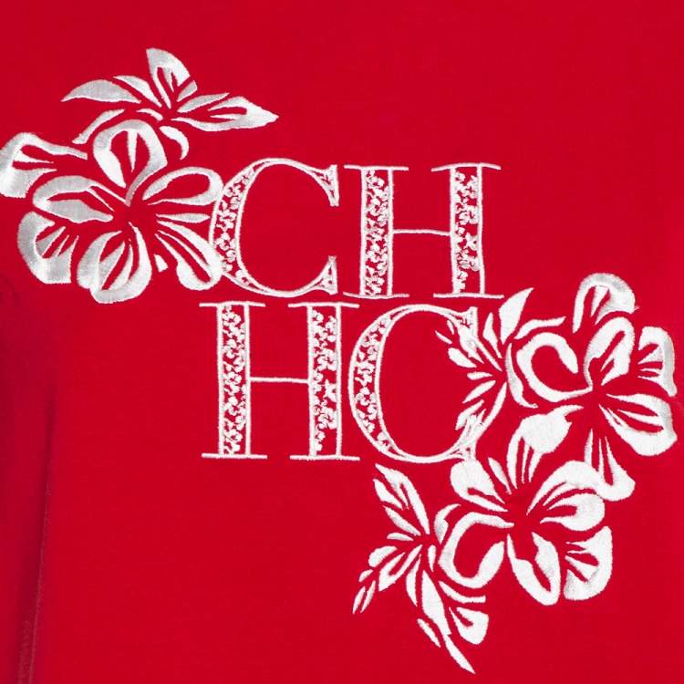 Pre Owned CH Carolina Herrera Red Cotton Floral Logo Embroidered T-Shirt L