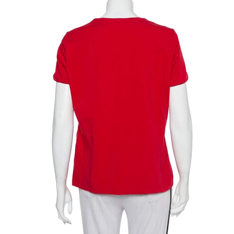 Pre Owned CH Carolina Herrera Red Cotton Floral Logo Embroidered T-Shirt L