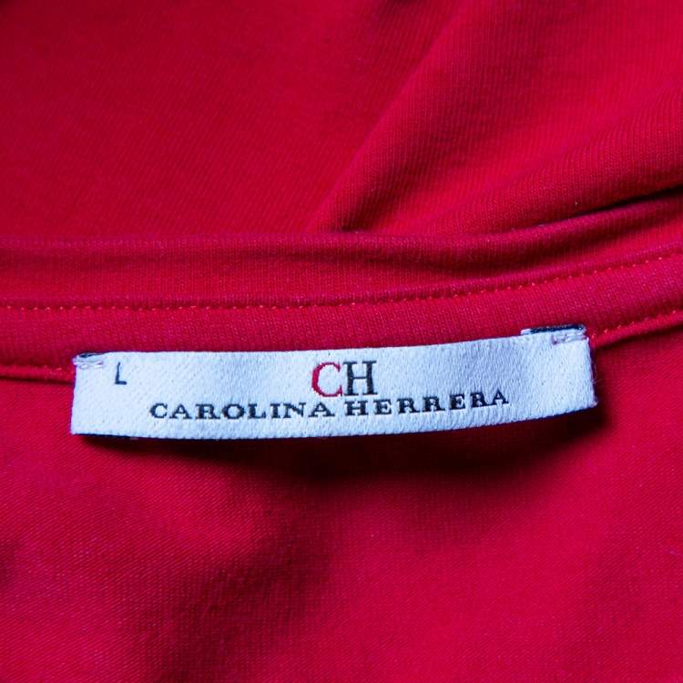 Pre Owned CH Carolina Herrera Red Cotton Floral Logo Embroidered T-Shirt L