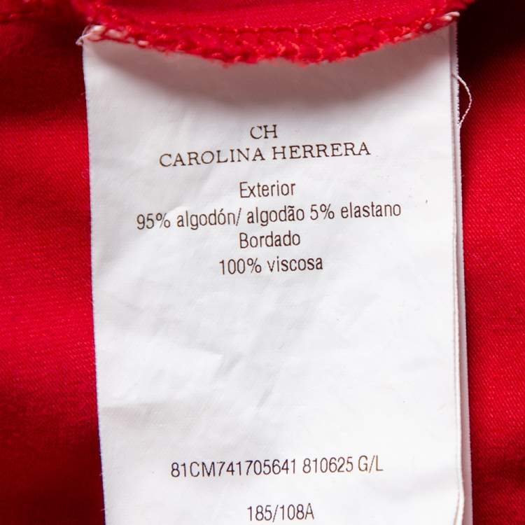 Pre Owned CH Carolina Herrera Red Cotton Floral Logo Embroidered T-Shirt L
