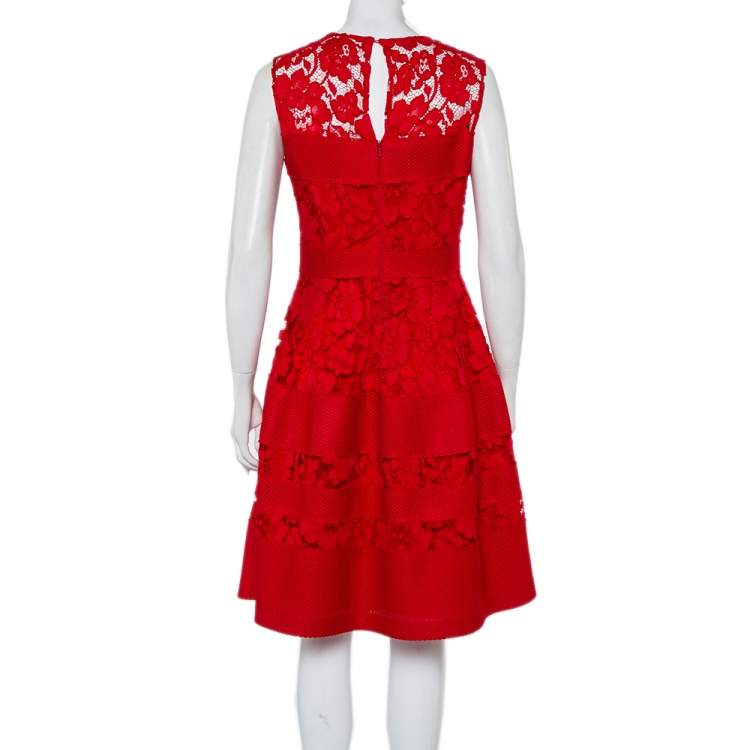 Pre Owned CH Carolina Herrera Red Lace & Mesh Paneled Sleeveless Mini Dress M