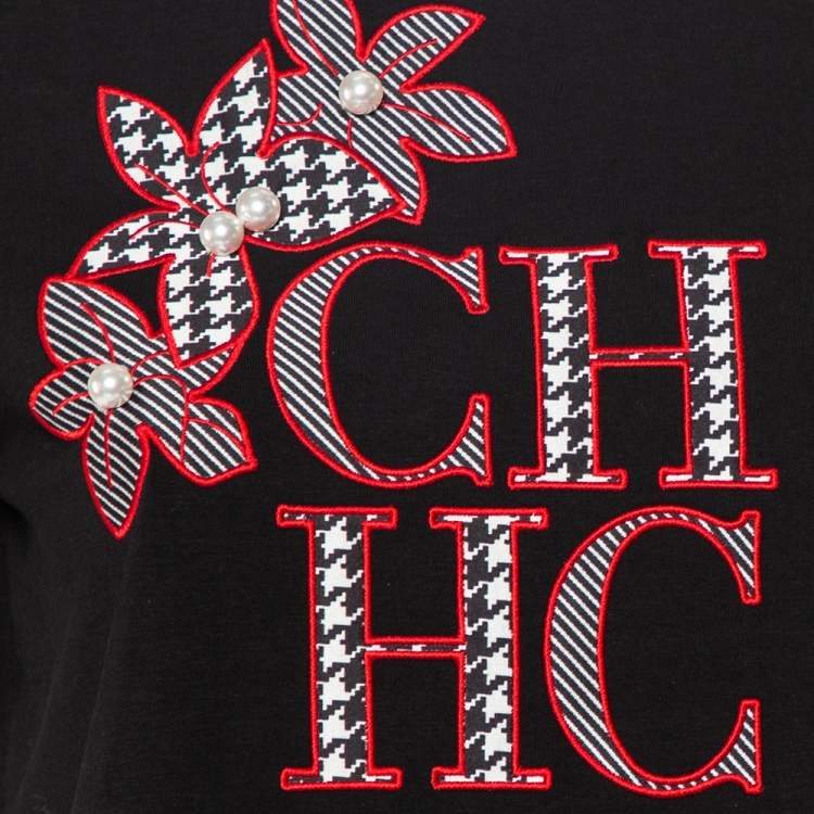 Pre Owned CH Carolina Herrera Black Logo Embroidered Cotton Pearl Detail Crewneck T-Shirt M
