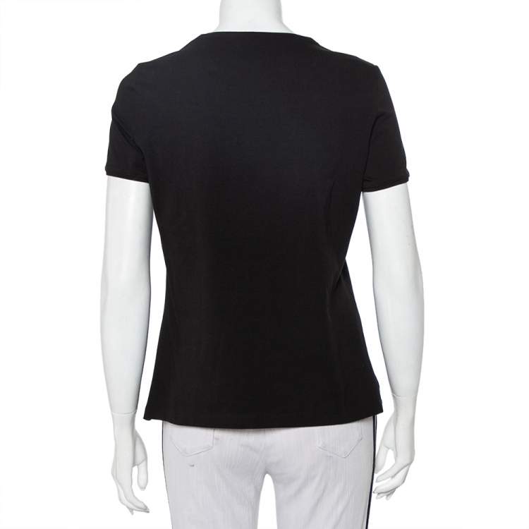 Pre Owned CH Carolina Herrera Black Logo Embroidered Cotton Pearl Detail Crewneck T-Shirt M