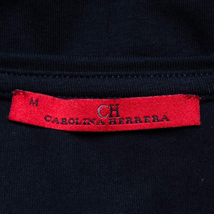 Pre Owned CH Carolina Herrera Black Logo Embroidered Cotton Pearl Detail Crewneck T-Shirt M