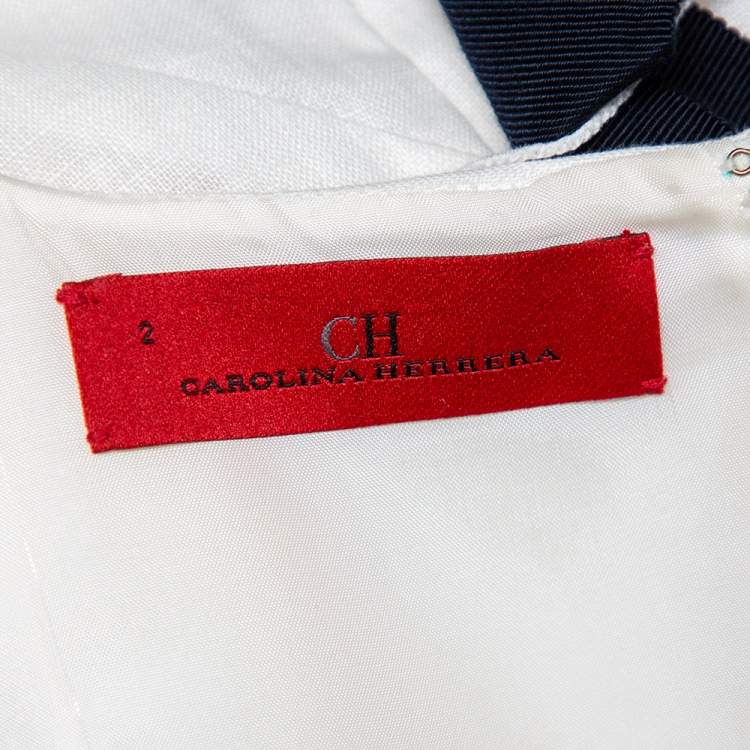 Pre Owned CH Carolina Herrera White Line Contrast Floral Embroidered Flared Belted Midi Dress S
