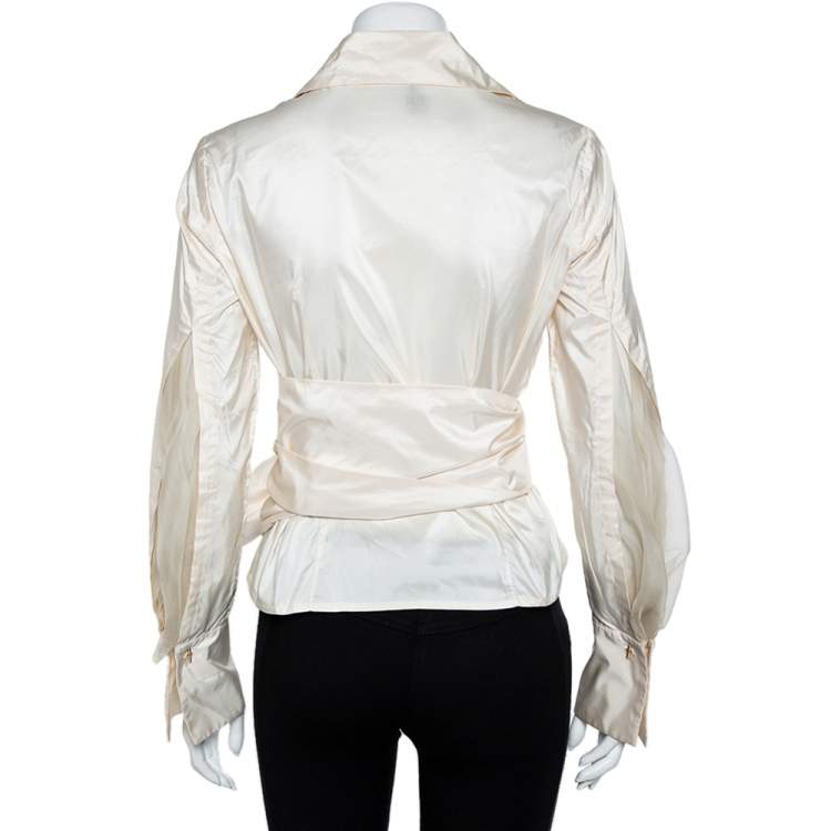 Pre Owned CH Carolina Herrera Cream Silk Front Tie Detail Lightweight Cropped Jacket L