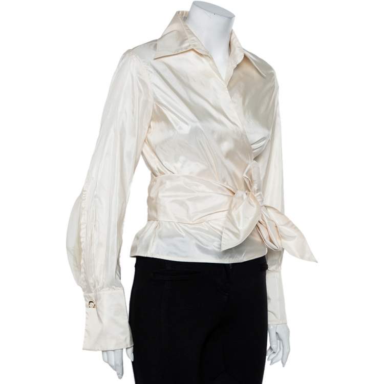 Pre Owned CH Carolina Herrera Cream Silk Front Tie Detail Lightweight Cropped Jacket L