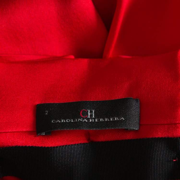 Pre Owned CH Carolina Herrera Red Silk Satin Contrast Belted Paper Bag Waist Maxi Skirt S