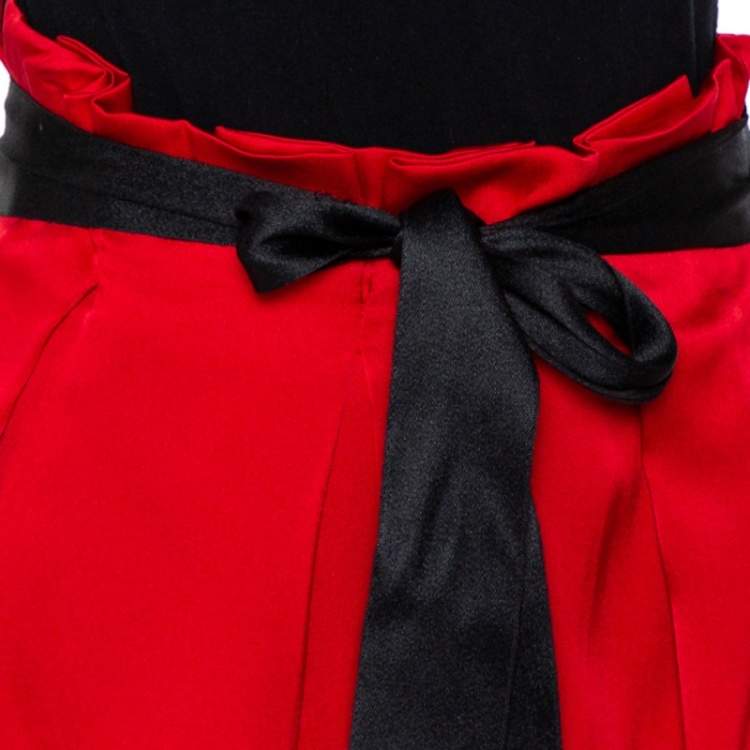 Pre Owned CH Carolina Herrera Red Silk Satin Contrast Belted Paper Bag Waist Maxi Skirt S